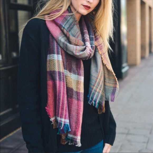 Fuchsia Plaid Blanket Scarf - Picture 2 of 2